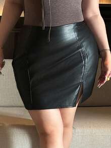 Dazy Plus PU Leather Elastic Bodycon Side Slit Sexy Minimalist Versatile Mini Skirt - Black - View 6