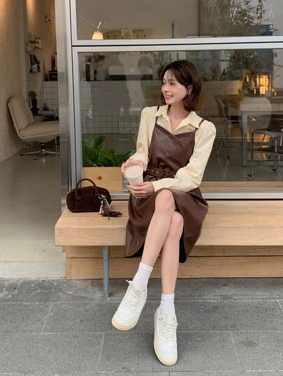 DAZY 两件套女式韩版纯色衬衫和吊带裙套装