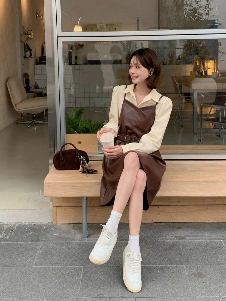 2pcs Women's Korean Style Solid Color Shirt & Slip Dress Set