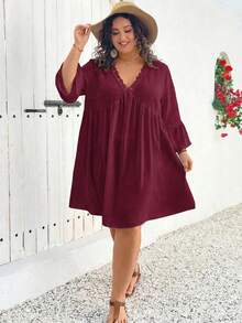 SHEIN CURVE+ Plus Size Holiday Casual White Flared Sleeve Bohemian Style Linen Dress Boho Vacation - Burgundy - View 6