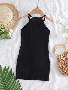 SHEIN Black Semi Sheer Knitted Cami Daisy Tassel Dress For Young Girls Halter Neck Casual Knee Length - Black - View 3