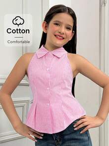 SHEIN Áo kiểu nữ tuổi teen dáng ôm, cổ bẻ, không tay, xếp ly, kẻ sọc, dáng chữ A, cài cúc phía trước, thích hợp cho kỳ nghỉ hoặc đi học. - Hồng - Xem 3