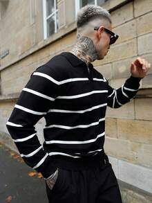 Artur Kramer Men Long Sleeve Striped Airplane Collar Knit Sweater , Fall Winter, Grunge Style - Black - View 5