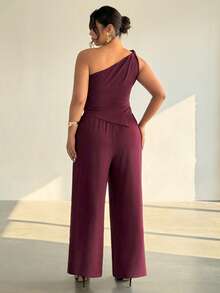 Firerie 大码女式休闲纯色不对称单肩上衣搭配松紧腰裤套装，日常通勤裤套装，女士工作套装，彩色女式套装，春夏服装，通勤，优雅，工作服，教师节 - 酒紅色 - 查看 3