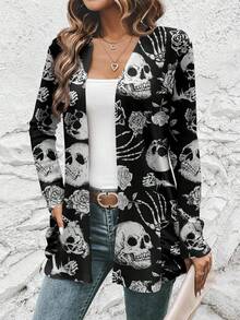 SHEIN LUNE Women's Loose Fit Skull Print Thin Cardigan Jacket,Long Sleeve Black And White Goth Halloween Costumes,Everyday Casual Autumn Fall Clothes For Women - Multicolor - View 5