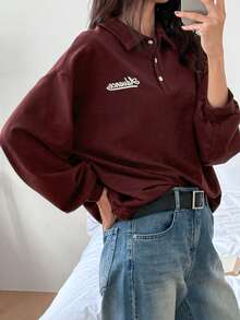 DAZY Women's Long Sleeve Polo Neck Letter Print T-Shirt, Autumn Preppy Tops,Fall Women Clothes - Burgundy - View 4