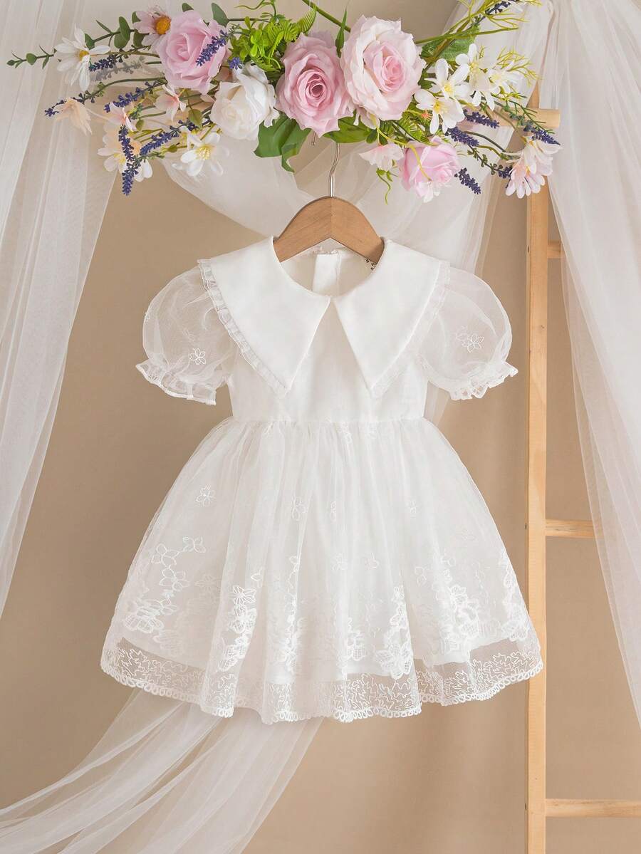 SHEIN Babygirl Elegant & Cute White Floral Embroidered Mesh Puff Sleeve Mini Dress - White - View 1