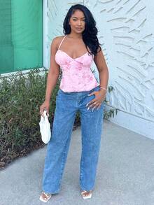 Alexandranx 春夏纯色粉色提花吊带背心，女士细肩带度假背心，提花上衣 - 粉色 - 查看 3