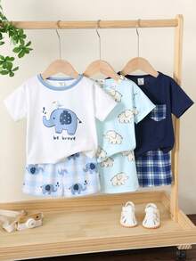 SHEIN 6pcs/Set Unisex Baby Clothes, Cute Cartoon Elephant & Plaid Pattern Short Sleeve Pajamas & Shorts Home Outfit Set, Summer - Multicolor - View 3
