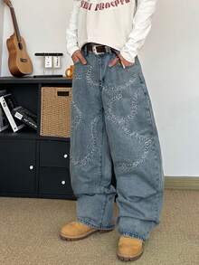 STEELVANCE Jeans rectos de corte holgado con lavado desgastado y bordado de insectos, moda callejera para hombres - Azul - Ver 5