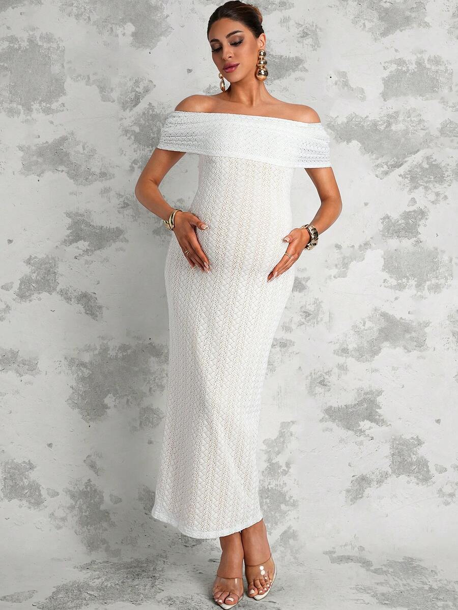 MaterniChic Maternity Clothes Maternity  Dress Summer Pregnant Clothes White Maternity Dress, Off-Shoulder, Slim Fit, Long Seaside Dress, High-Elasticity Lace, Comfortable, Soft And Elegant - Apricot - View 1