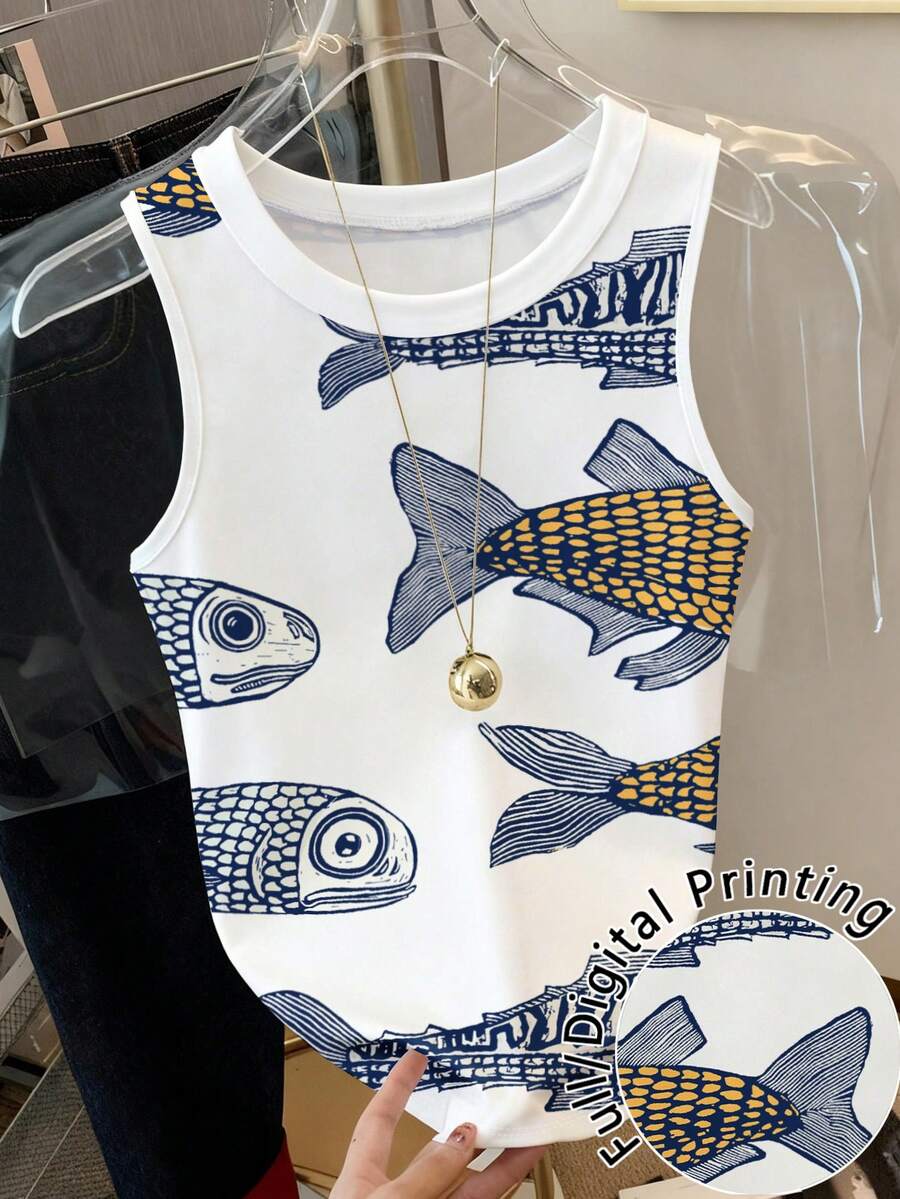 Resyla 鱼图案无袖休闲背心，夏季百搭 - 彩色 - 查看 1