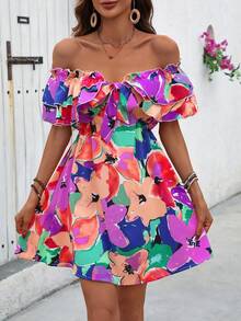 Breezaya Vacation Style Tie-Dye Off Shoulder Ruffle Edge Dress With Tied Belt Vacation Beach Outfits Women - Multicolor - View 3