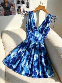 GlowEve New V-Neck Spaghetti Strap Drawstring Tie Design Elastic Knit Printed Young Elegant Sexy Vacation Casual Mini Dress For Women - Multicolor - View 3