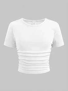 SHEIN 3pcs/Set Tween Girls' Fitted Casual Ribbed Crew Neck Ruched Short Sleeve T-Shirts - Grey - View 3