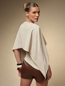 Hauture Women's Sexy Asymmetric Hem Ruched Detail Woven Cape Top - Apricot - View 5