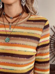 LanaWest Women's Western Casual Jacquard Rainbow Stripe Cuff Lace Trim T-Shirt - Orange - View 7