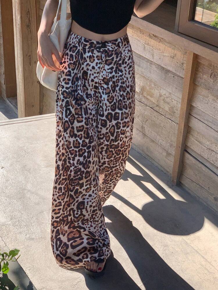 Women's High Waist Loose Satin Belted Allover Leopard Print Palazzo Pants
