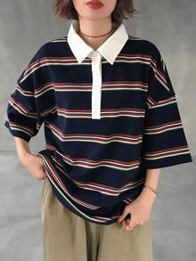 FRIFUL Áo thun polo cổ rộng dáng suông kẻ sọc vai rớt dành cho nữ - Màu xanh lam - Xem 3