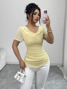 Elenzga 女士轻薄雪纺荷叶边垂褶领短袖休闲衬衫，优雅百搭，适合外出、约会、新年、情人节、复活节、母亲节、婚礼、通勤、度假等场合，浅黄色 - 淡黃色 - 查看 6