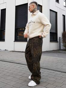 Artur Kramer Men Denim Jeans With Leopard Print, Retro Fashion Casual Loose Straight Leg Pants, Grunge - Brown - View 6