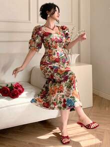 DAZY Robe élégante à manches bouffantes avec motif floral pour femme, robe d'invitée de mariage d'été - Rouge - Voir 9