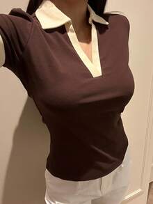 DAZY Contrast Trim Polo Neck Tee - Coffee Brown - View 7