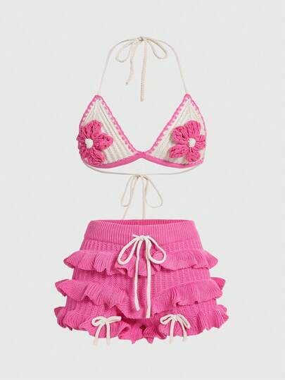 ROMWE Fairycore Y2K Style Handmade Crochet Women Beach Vacation Knit Set