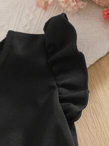 SHEIN 小女孩优雅罗纹荷叶边无袖花卉网纱派对公主裙，时尚童装 - 黑色 - 查看 11