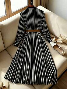 Franclia Women's New Striped Shirt Waist Slim Fit Dress - Black and White - View 2