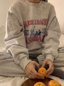 DAZY Letter Print Thermal Lined Crew Neck Sweatshirt, Versatile - Light Grey - View 8