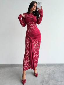 Firerie Đầm ren đỏ xuyên thấu kiểu vintage dành cho nữ, thích hợp cho tiệc Giáng sinh, Năm mới, Lễ Tạ ơn, phong cách Y2K, dự tiệc, hộp đêm. - Màu Đỏ Sâu - Xem 11