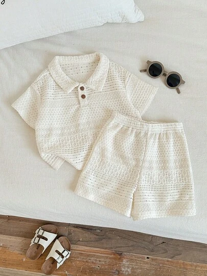 סט של 2 חולצת פולו סרוגה ג'קארד עם שרוולים קצרים ומכנסיים קצרים עם אלסטיות למכנסיים קצרים לתינוקות בנים, יוניסקס וקז'ואל