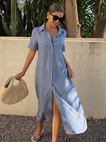 DAZY Women's Casual Striped Shirt Dress With Belt, Spring/Summer Wedding Guest Dress - Blue - View 3