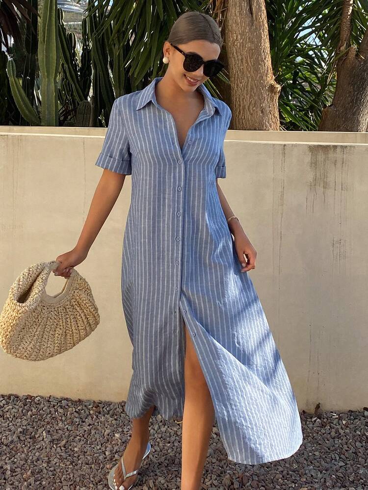 Women's Casual Striped Shirt Dress With Belt, Spring/Summer Wedding Guest Dress Sundress