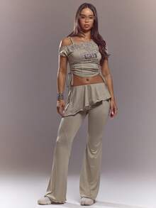 MUSERA 中腰叠层半身裙搭配喇叭裤，春夏可爱性感街头风夜装芭蕾舞裙 - 卡其色 - 查看 1