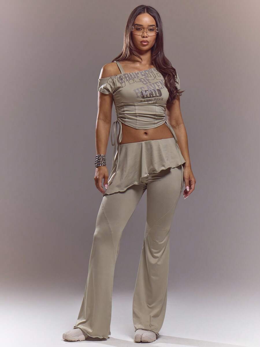 MUSERA 中腰叠层半身裙搭配喇叭裤，春夏可爱性感街头风夜装芭蕾舞裙 - 卡其色 - 查看 1