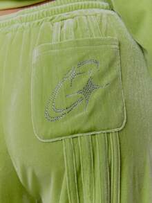 MUSERA Velour Stripe Back Detail Wide Leg Joggers Tracksuit Bottoms Only Streetwear Coolgirl Winter Sexy Casual Odd Drift - Green - View 5