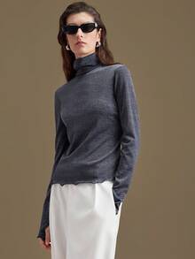 Ontre 女士亮面金属色高领长袖修身上衣，适合都市通勤、办公室、商务休闲、派对、约会之夜等场合，优雅夏季服饰 - 藏蓝色 - 查看 7