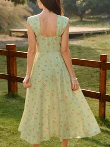 Vintamour Vintage Classic Elegant Floral Print Fit & Flare Dress With Wide Straps, Flared Hem And Buttons, Green Dress For Women, Spring/Summer - Gray green - View 2