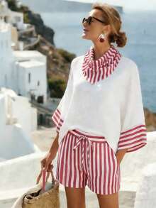 Balvessa Conjunto informal de 2 piezas de shorts holgados con rayas y contraste de color para vacaciones - Rojo y blanco - Ver 3