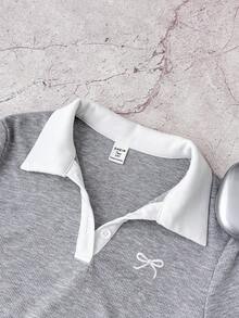 Teen Girls Grey And White Casual Personalized Contrast Collar Ribbed Knit Buttons Snug Fit Dress,Summer Dresses ,Butterfly Embroidery - Grey - View 3