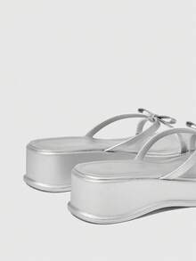 HighSole French Bow Slippers Women Wear New Style Slippers With Skirts And Soft Soles In Summer. - Silver - View 5