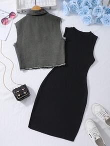 SHEIN 2pcs/Set Tween Girls Black Knit Camisole Dress With Fringe Denim Vest, Casual Commuter Outfit - Black - View 2
