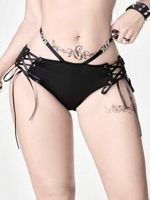 ROMWE Quần lót gợi cảm kiểu Gothic Punk với họa tiết đục lỗ và dây buộc. - màu đen - Xem 5