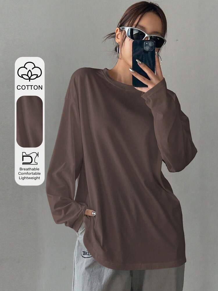Solid Color Loose Fit Long Sleeve Women's T-Shirt, Long Length, Round Neck,Fall Clothes,Back To School Clothes Preppy Tops