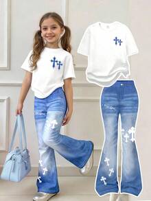 春夏秋季女童休闲时尚创意个性清新简约交叉牛仔风字母印花T恤和喇叭裤两件套，舒适日常穿着，适合春、夏、秋季穿着。 - 彩色 - 查看 1