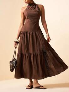 Zivah 2026 春季新款地中海度假风无袖吊带系带棕色露背波西米亚风长裙 - 咖啡棕 - 查看 3