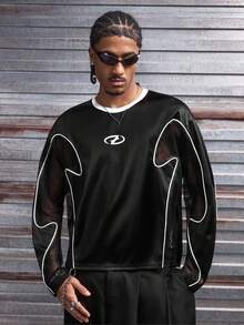 AXEPEAK 男士几何印花圆领休闲宽松长袖T恤 - 黑色 - 查看 2