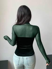 DAZY Áo thun nữ tay dài ôm sát, phối lưới, thời trang và gợi cảm - Màu xanh lá cây đậm - Xem 5
